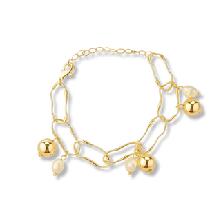 Pulseira com pérola barroca e bola banhada a ouro 18k e ródio, design sofisticado e acabamento de luxo UNA Semijoias.