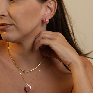 Brinco Pizza Zircônia Grande Cravejada com Zircônia Baguete Rosa Banhado a Ouro 18k