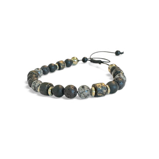 pulseira masculina de pedras naturais pretas e detalhes dourados da UNA