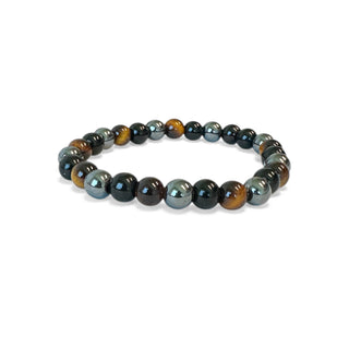 pulseira masculina de pedras naturais com contas pretas, marrons e prateadas da UNA