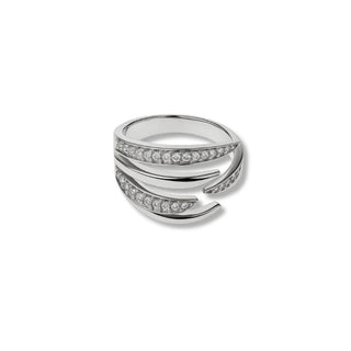 Anel garras cravejado com zircônias banhado a ouro 18k e ródio, design moderno e acabamento premium UNA Semijoias.