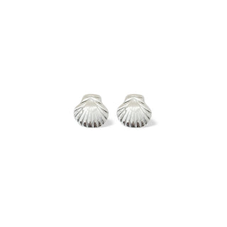 Brinco pequeno concha banhado a prata 925 da UNA Semijoias em fundo branco, semijoia delicada com relevo de concha marinha.