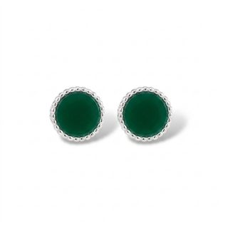 Par de brinco pequeno redondo verde banhado a prata 925 da UNA Semijoias em fundo branco, semijoia hipoalergênica, estilo minimalista.
