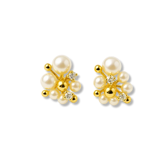 Brinco pérolas diversas banhado a ouro 18k e ródio, design elegante e acabamento de luxo UNA Semijoias.