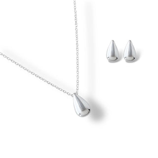 Conjunto colar e brinco gota lisa banhado a prata 925 da UNA Semijoias, design minimalista e sofisticado.