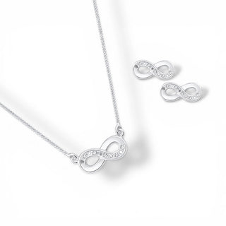 Conjunto colar e brinco símbolo infinito com zircônias banhado a prata 925 da UNA Semijoias, design delicado e sofisticado.