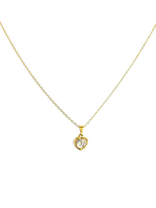 Colar coração cravejado banhado a ouro 18k da UNA Semijoias em fundo branco, com pingente em forma de coração com pedra central em destaque.