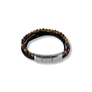 Pulseira de aço com couro e pedra olho de tigre da UNA no fundo branco 