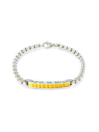 Pulseira masculina de aço inox 316L com elos e detalhe dourado da UNA Semijoias em fundo branco, acessório moderno, resistente e antialérgico em destaque.